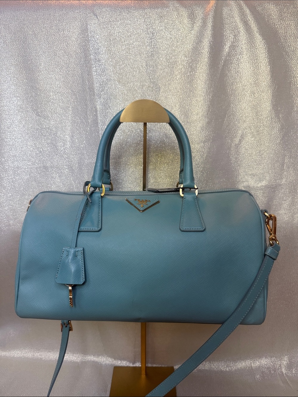 Prada Sky Blue Saffiano Leather Boston Satchel with Gold Hardware